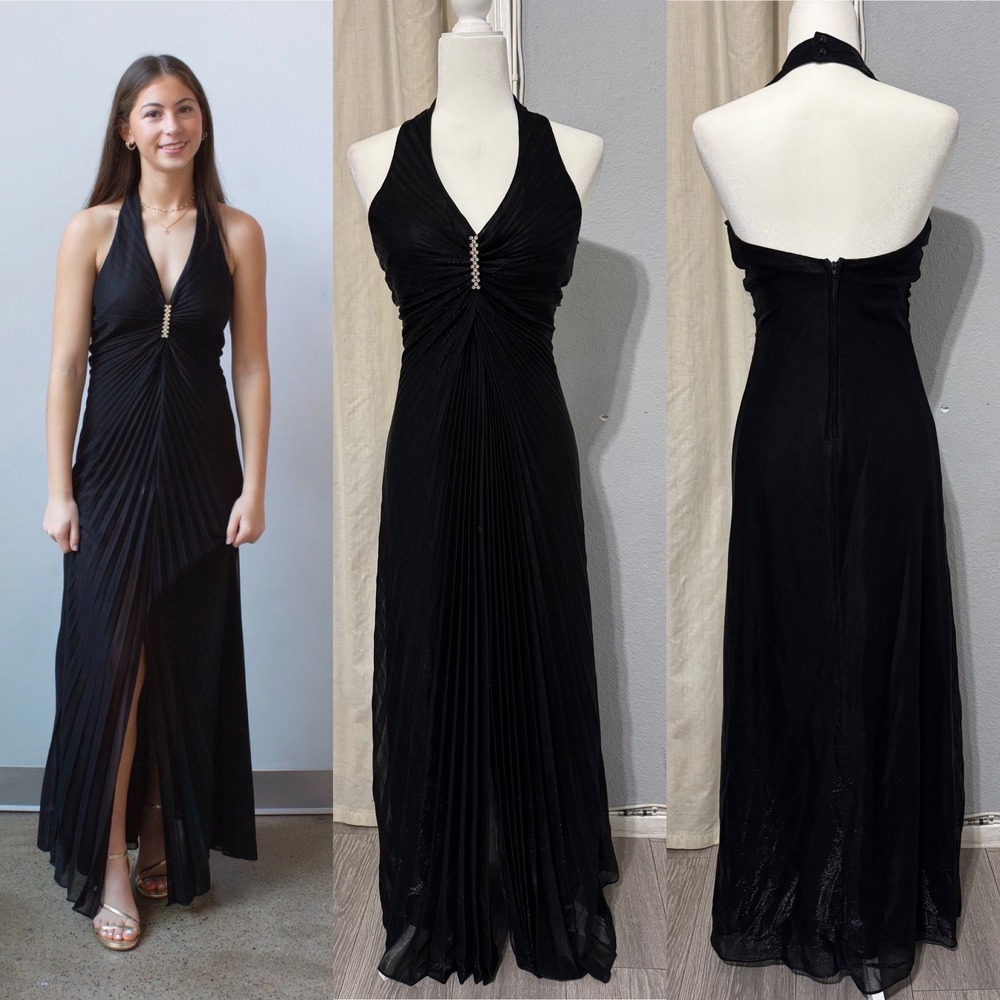 Garlo Black Pleated Halter Maxi Dress Rhinestone Slit Shimmer Size M Whimsigoth